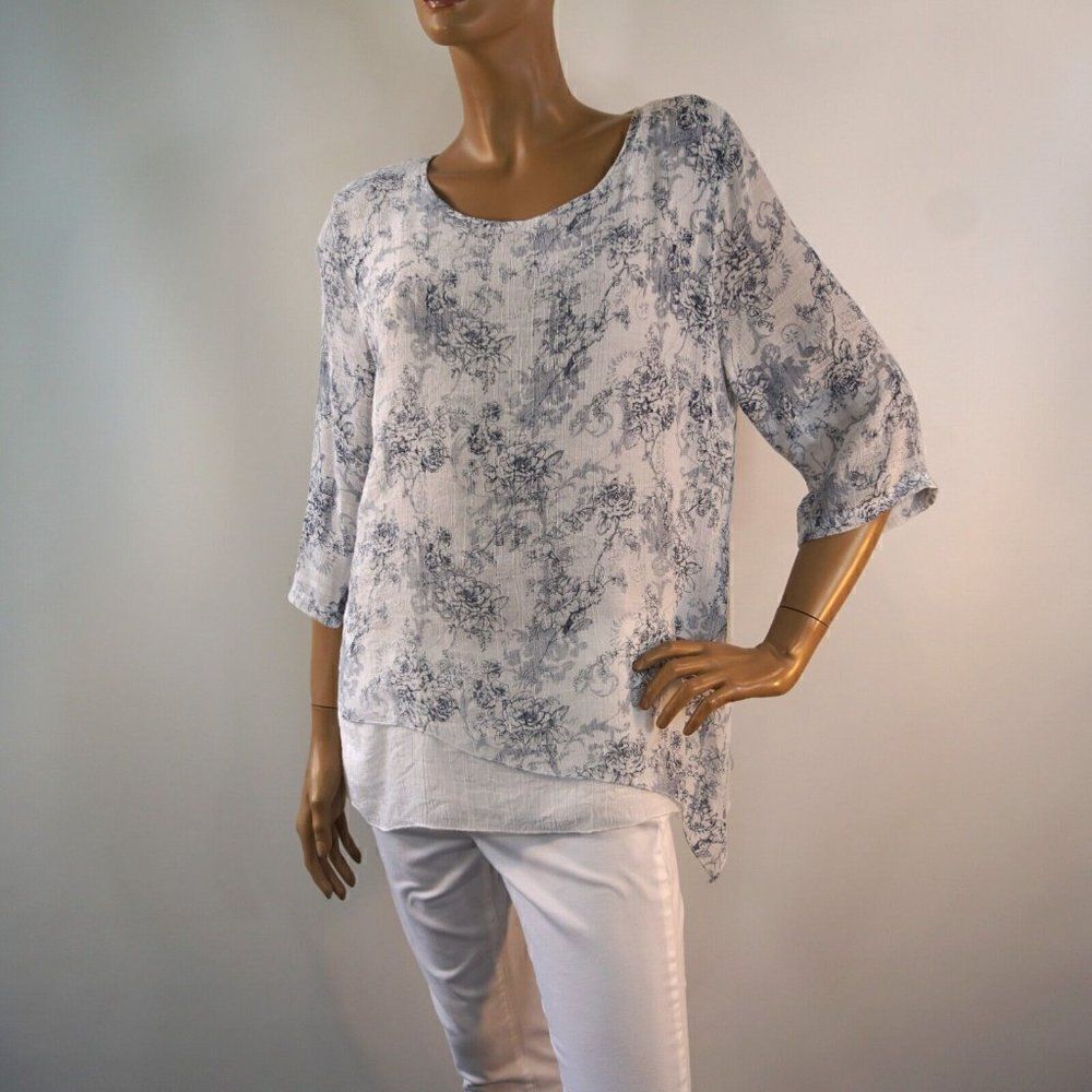 Lazy Daisy ETC Size L /XL Top 3/4 Sleeve Floral Blouse Asymmetrical Lined Tunic